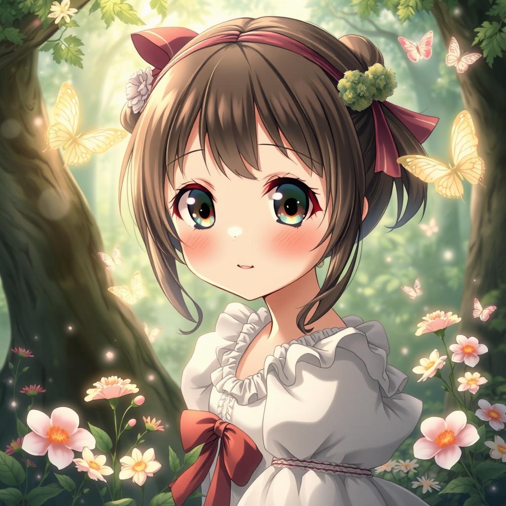 detailed anime girl with a playful and captivating expression, surrounded by an enchanted forest, delicate flowers, and sparkling butterflies, conveying a sense of wonder and fantasy magic