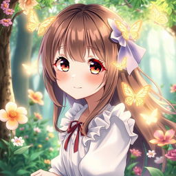 detailed anime girl with a playful and captivating expression, surrounded by an enchanted forest, delicate flowers, and sparkling butterflies, conveying a sense of wonder and fantasy magic