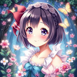 detailed anime girl with a playful and captivating expression, surrounded by an enchanted forest, delicate flowers, and sparkling butterflies, conveying a sense of wonder and fantasy magic