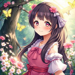 detailed anime girl with a playful and captivating expression, surrounded by an enchanted forest, delicate flowers, and sparkling butterflies, conveying a sense of wonder and fantasy magic