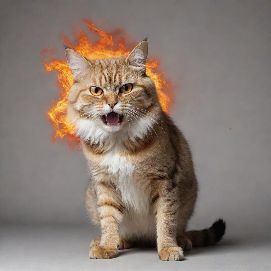 An intriguing image of a cat displaying anger, with its back arched, fur standing on end, ears rotating sideways, and a fiery gaze