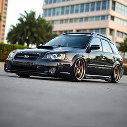 A modified 2006 Subaru Outback with BC extreme low suspension, showcasing a sleek and aggressive stance