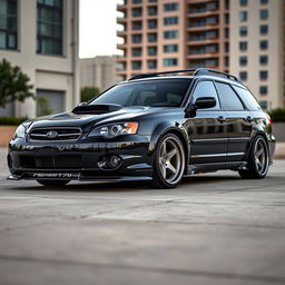 A modified 2006 Subaru Outback with BC extreme low suspension, showcasing a sleek and aggressive stance