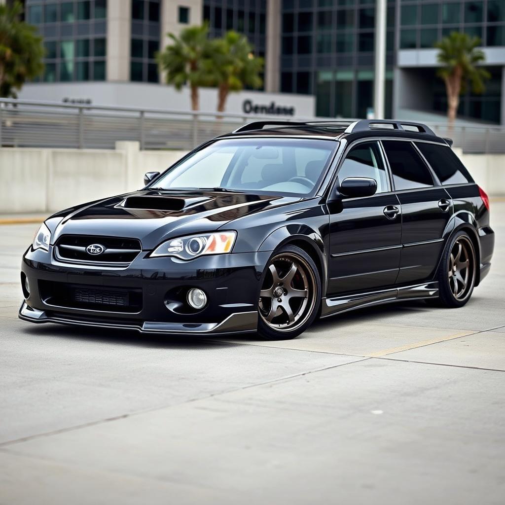 A modified 2006 Subaru Outback with BC extreme low suspension, showcasing a sleek and aggressive stance