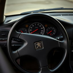 Peugeot 406 dashboard, highlighting the intricate details of the gauges, buttons, and steering wheel features, showcasing the elegant and functional design typical of late 1990s car interiors, with a focus on the textures of the materials, soft lighting to emphasize the contours and craftsmanship