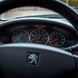 Peugeot 406 dashboard, highlighting the intricate details of the gauges, buttons, and steering wheel features, showcasing the elegant and functional design typical of late 1990s car interiors, with a focus on the textures of the materials, soft lighting to emphasize the contours and craftsmanship