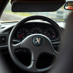 Peugeot 406 dashboard, highlighting the intricate details of the gauges, buttons, and steering wheel features, showcasing the elegant and functional design typical of late 1990s car interiors, with a focus on the textures of the materials, soft lighting to emphasize the contours and craftsmanship