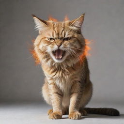 An intriguing image of a cat displaying anger, with its back arched, fur standing on end, ears rotating sideways, and a fiery gaze