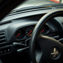 Peugeot 406 dashboard, highlighting the intricate details of the gauges, buttons, and steering wheel features, showcasing the elegant and functional design typical of late 1990s car interiors, with a focus on the textures of the materials, soft lighting to emphasize the contours and craftsmanship