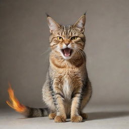 An intriguing image of a cat displaying anger, with its back arched, fur standing on end, ears rotating sideways, and a fiery gaze