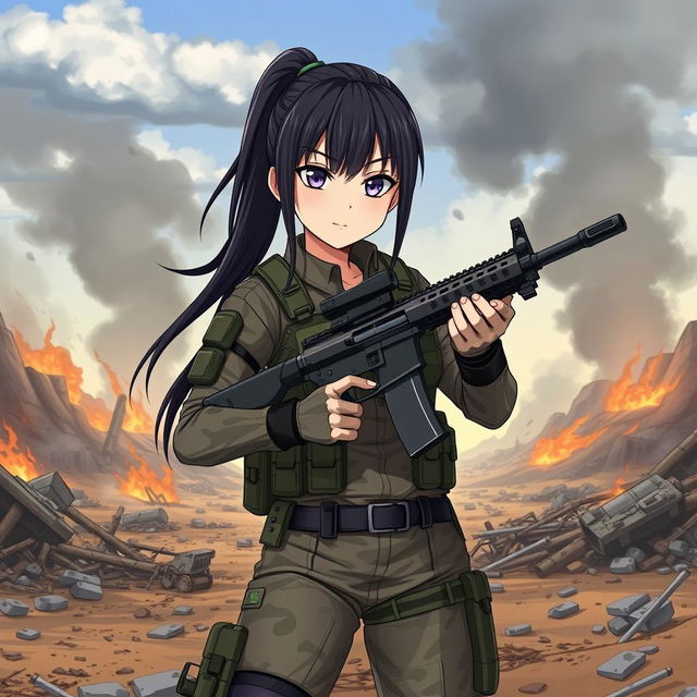 A fierce anime military girl, dressed in a modern tactical uniform