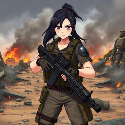 A fierce anime military girl, dressed in a modern tactical uniform