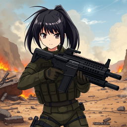 A fierce anime military girl, dressed in a modern tactical uniform