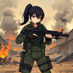 A fierce anime military girl, dressed in a modern tactical uniform