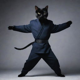 An imaginative image of a cat dressed as a nimble ninja, poised in a dynamic action stance, with a midnight-colored suit and a stealthy expression