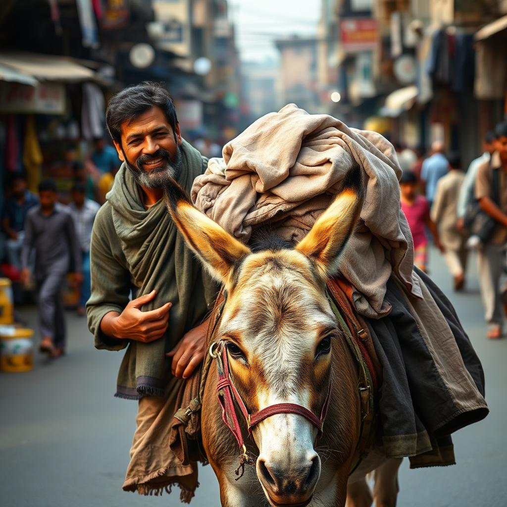 A dhobi carrying clothes on a donkey through the streets of a bustling city