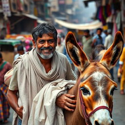 A dhobi carrying clothes on a donkey through the streets of a bustling city