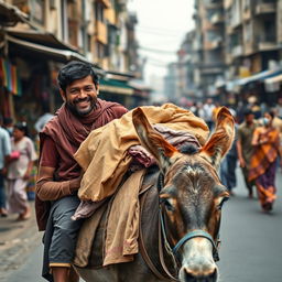 A dhobi carrying clothes on a donkey through the streets of a bustling city