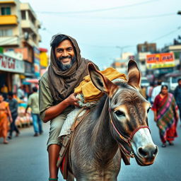 A dhobi carrying clothes on a donkey through the streets of a bustling city