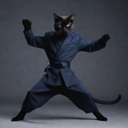 An imaginative image of a cat dressed as a nimble ninja, poised in a dynamic action stance, with a midnight-colored suit and a stealthy expression