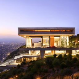 A sleek, modern house gleaming with glass and steel structures, on a hill. Its stunning design stands elegantly overlooking a vibrant cityscape below.