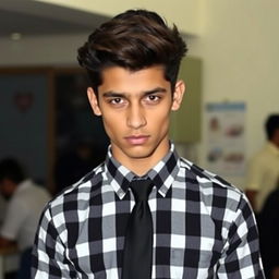 A young person wearing a checkered shirt and black tie in a casual setting