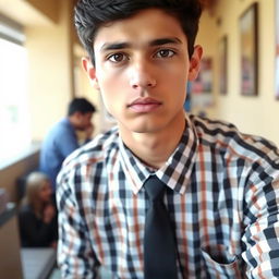 A young person wearing a checkered shirt and black tie in a casual setting