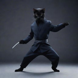 An imaginative image of a cat dressed as a nimble ninja, poised in a dynamic action stance, with a midnight-colored suit and a stealthy expression