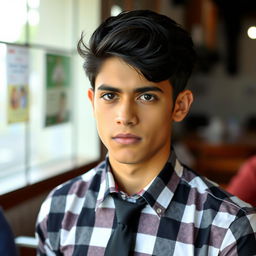 A young person wearing a checkered shirt and black tie in a casual setting