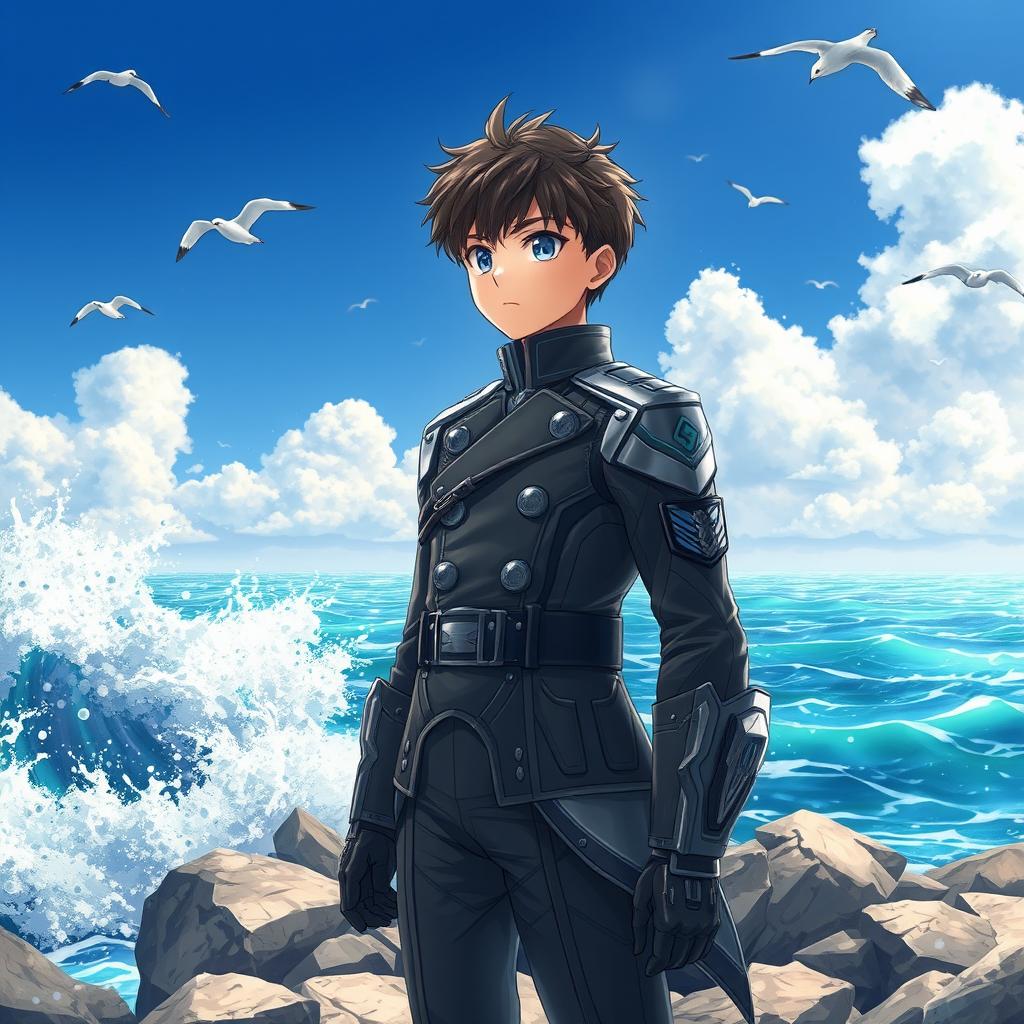 A young anime military boy standing proudly on a rocky shoreline, overlooking the vast sea
