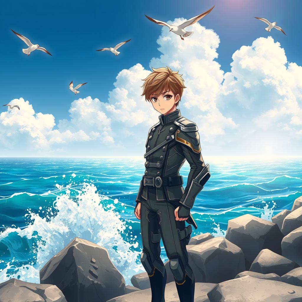 A young anime military boy standing proudly on a rocky shoreline, overlooking the vast sea