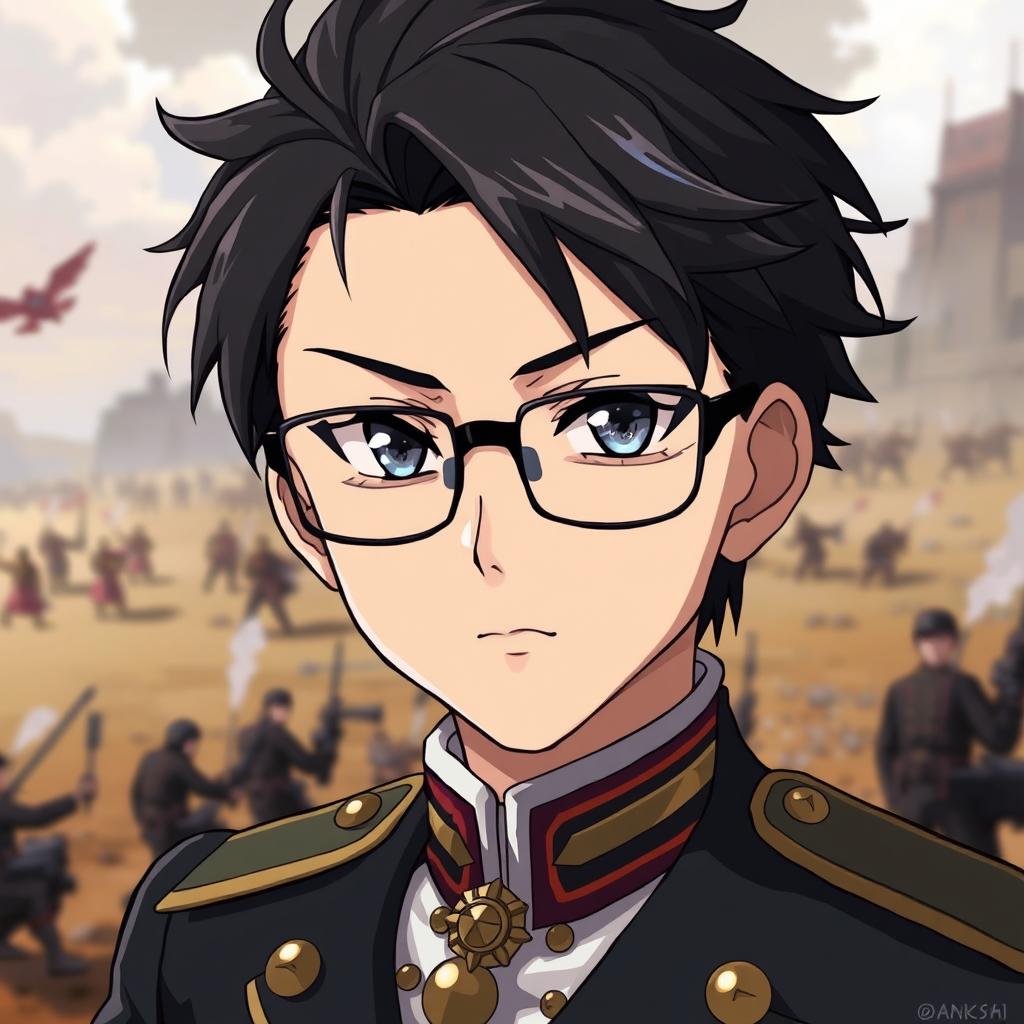 A military anime boy with sharp features, wearing glasses