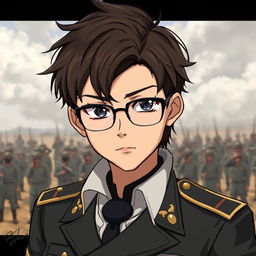 A military anime boy with sharp features, wearing glasses