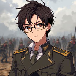 A military anime boy with sharp features, wearing glasses