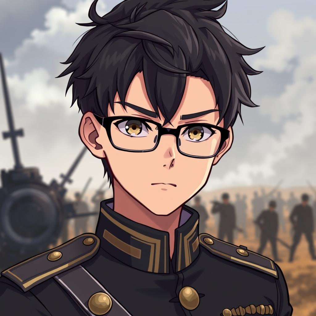 A military anime boy with sharp features, wearing glasses