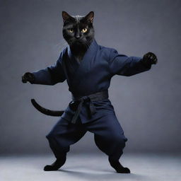 An imaginative image of a cat dressed as a nimble ninja, poised in a dynamic action stance, with a midnight-colored suit and a stealthy expression