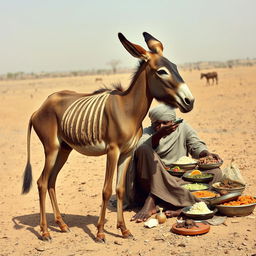 A frail and emaciated donkey with bones clearly visible, standing in a dry and barren landscape