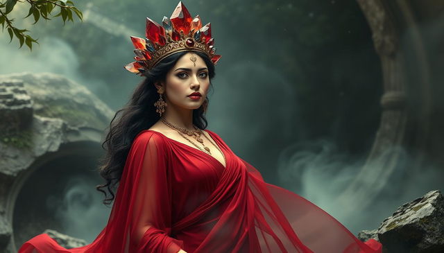 The Goddess of January graces a mystical setting, wearing a deep red flowing dress that mimics the movement of liquid fire