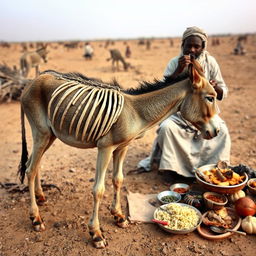 A frail and emaciated donkey with bones clearly visible, standing in a dry and barren landscape