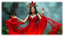 The Goddess of January graces a mystical setting, wearing a deep red flowing dress that mimics the movement of liquid fire