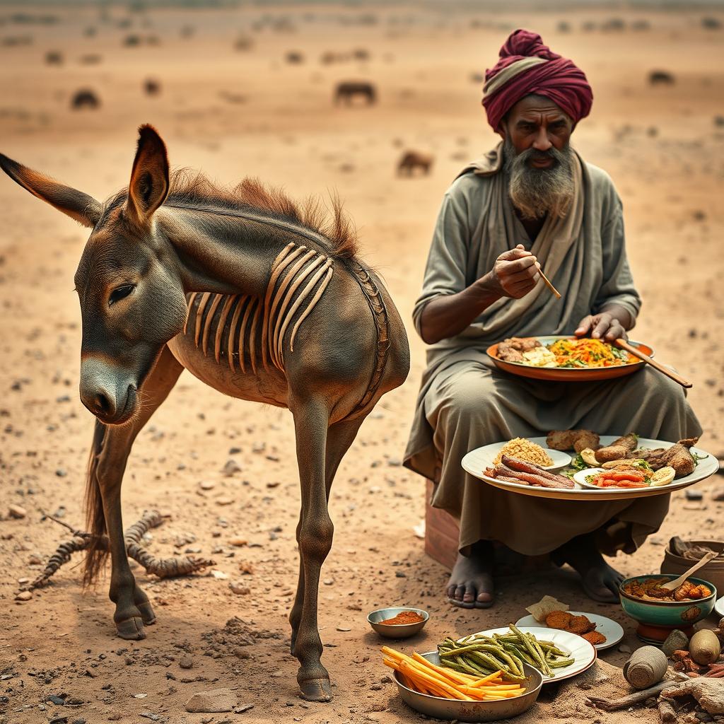 A frail and emaciated donkey with bones clearly visible, standing in a dry and barren landscape