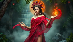 The Goddess of January graces a mystical setting, wearing a deep red flowing dress that mimics the movement of liquid fire