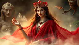 The Goddess of January graces a mystical setting, wearing a deep red flowing dress that mimics the movement of liquid fire