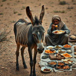 A frail and emaciated donkey with bones clearly visible, standing in a dry and barren landscape