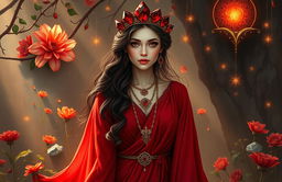 The Goddess of January stands amidst a mystical setting, adorned in a deep red flowing dress that captures the essence of warmth and vitality