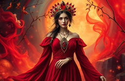 The Goddess of January stands amidst a mystical setting, adorned in a deep red flowing dress that captures the essence of warmth and vitality