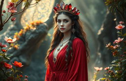 The Goddess of January stands amidst a mystical setting, adorned in a deep red flowing dress that captures the essence of warmth and vitality