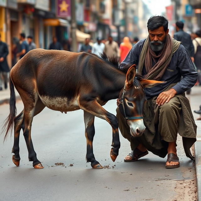 A donkey clumsily stumbling and falling on a city street, its clothes smeared in mud