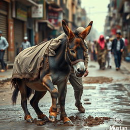 A donkey clumsily stumbling and falling on a city street, its clothes smeared in mud