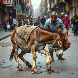 A donkey clumsily stumbling and falling on a city street, its clothes smeared in mud